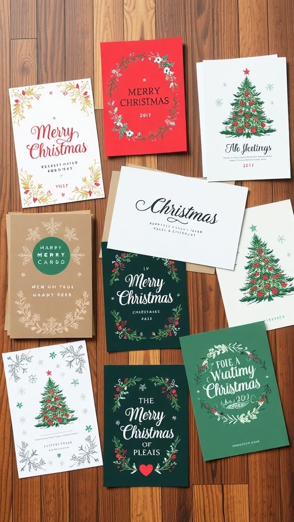 A variety of Christmas card templates with festive designs on a wooden table.